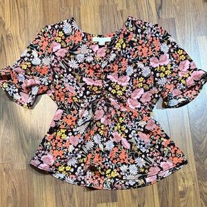 Monteau Black Floral Blouse with Ruffle Sleeves